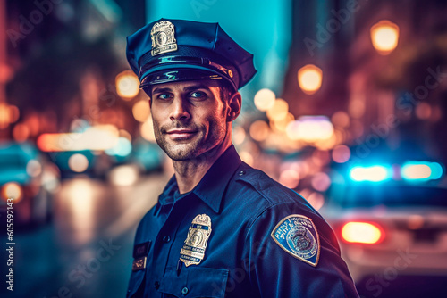 Obraz na plátně Portrait of a police officer next to his car at night