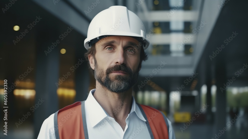 Portrait of a male engineer in a white helmet on a construction site.Generative Ai Portrait of a male engineer in a white helmet on a construction site.Generative Ai