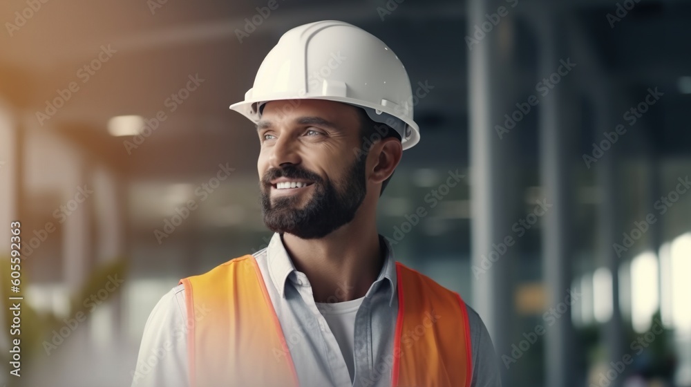 Portrait of a male engineer in a white helmet on a construction site.Generative Ai Portrait of a male engineer in a white helmet on a construction site.Generative Ai