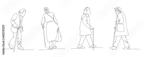 Elderly people walking with canes. Vector illustration in line art style.