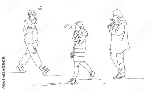 2 men and woman smoking outdoor. Vector illustration in line art style.