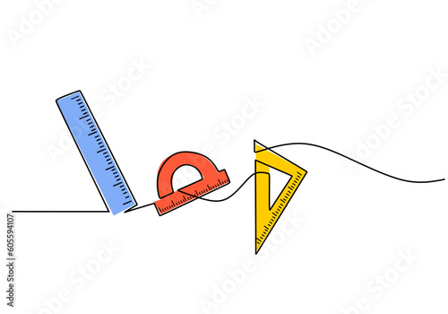 Ruler - School education object, one line drawing continuous design, vector illustration.