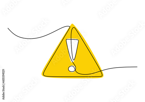 Exclamation mark - School education object, one line drawing continuous design, vector illustration.
