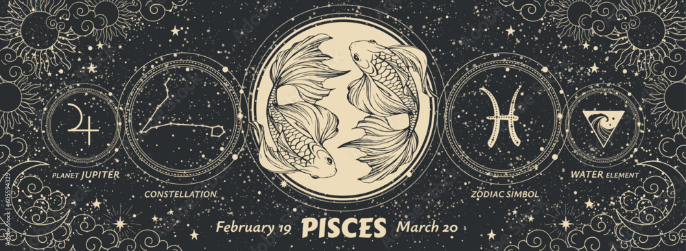 Pisces zodiac sign, graphic modern astrology banner on vintage black background with sun and moon. Realistic vector hand drawing, horoscope card, water element. - obrazy, fototapety, plakaty 