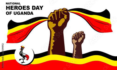 Uganda people hand holding Uganda flag and Uganda flag logo and bold text commemorating National Heroes Day of Uganda on June 9
