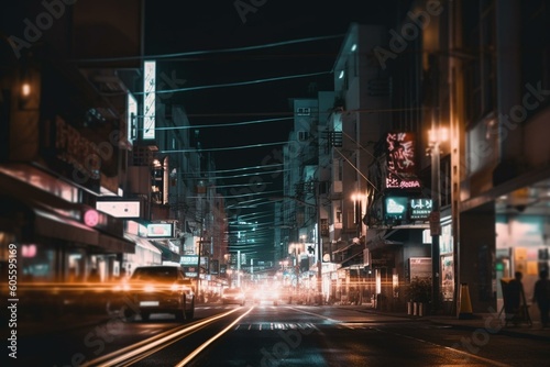 Urban nightlife with blurred light background. Generative AI