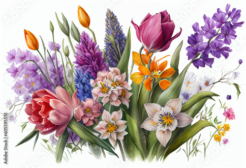 Beautiful spring flowers on a white background. Digital painting. Toned. © Creative