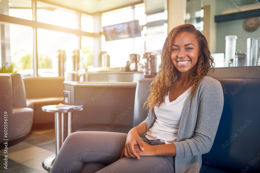 A smiling customer sitting comfortably in the waiting area of a car wash, enjoying complimentary amenities like coffee and Wi-Fi, highlighting the customer-centric experience. Generative Ai A smiling customer sitting comfortably in the waiting area of a car wash, enjoying complimentary amenities like coffee and Wi-Fi, highlighting the customer-centric experience. Generative Ai