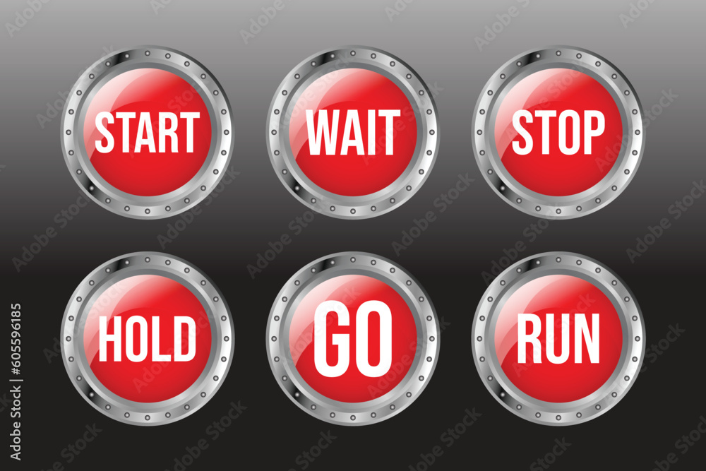 Glossy 3D Engine Stop Button, Start Button, Go, Hold, Wait and Run Button Set Badge, Emblem, Stamp, Seal, Sticker, Label Illustration With Metallic Silver and Red Color Combination Glossy 3D Engine Stop Button, Start Button, Go, Hold, Wait and Run Button Set Badge, Emblem, Stamp, Seal, Sticker, Label Illustration With Metallic Silver and Red Color Combination