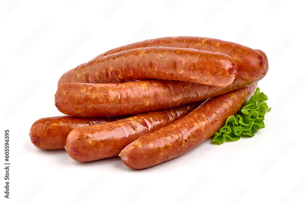 Smoked pork sausages made from minced meat isolated on white background.