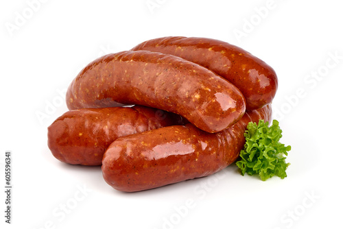 Smoked german sausages, isolated on white background.