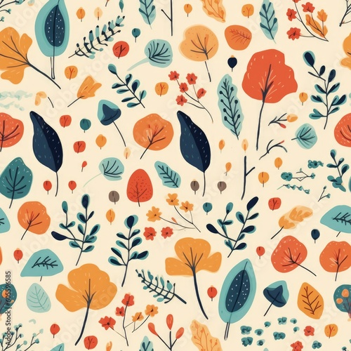 Seamless Tiled Autumn Pattern  Vibrant Fall Colors  Cute Motifs and Cheerful Elements  Joyful Design of Seasonal Splendor  Conjuring Warmth and Happiness - Generative AI