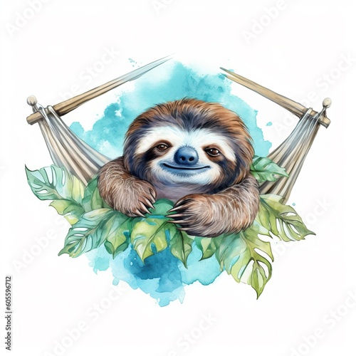 Cute funny animal illustration - Watercolor painting of cute relaxing sloth in hammock, design for logo or t shirt, isolated on white background (Generative Ai)