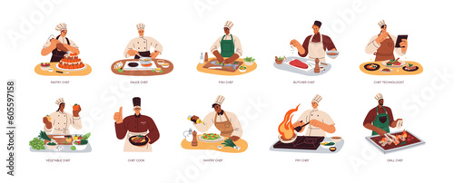 Meat, fish, vegetable and sauces chefs at work in restaurant. Professional cooks, culinary workers preparing, cooking different dishes at kitchen. Flat vector illustration isolated on white background