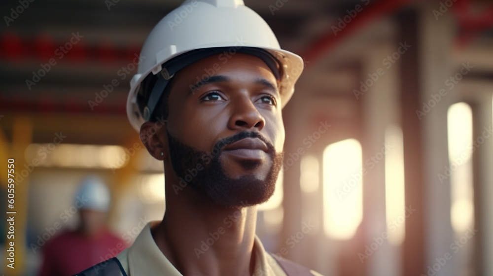 Portrait of confident African-American worker in hardhat at construction site.Generative Ai Portrait of confident African-American worker in hardhat at construction site.Generative Ai