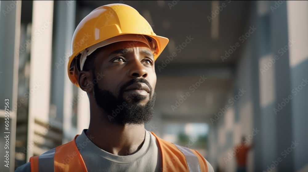 Portrait of confident African-American worker in hardhat at construction site.Generative Ai Portrait of confident African-American worker in hardhat at construction site.Generative Ai