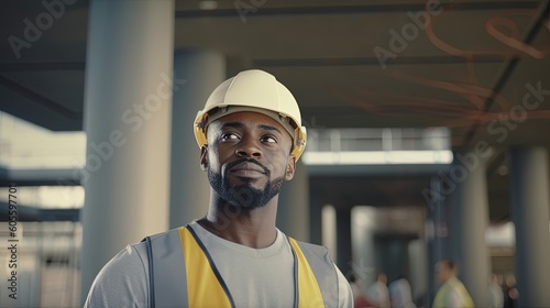 Portrait of confident African-American worker in hardhat at construction site.Generative Ai