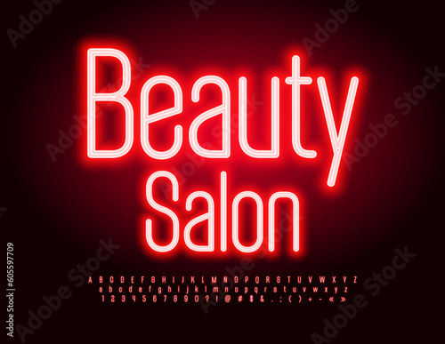 Vector glowing poster Beauty Salon. Modern Neon Font. Illuminated Red Alphabet Letters and Numbers