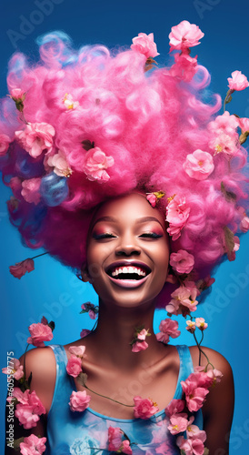 african woman on a blue background with pink hair and flowers around her, Generative AI