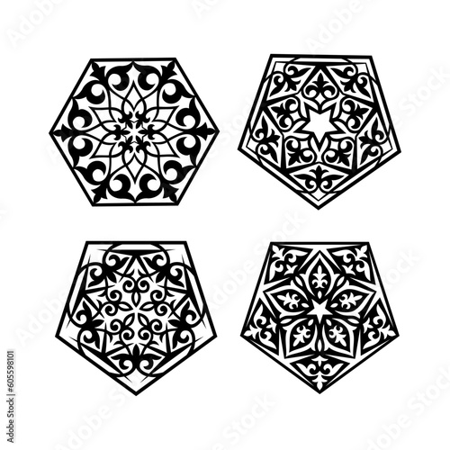 Islamic ornament vector, persian motiff. Asian floral designs. Abstract Asian elements of the national pattern of the ancient nomads of the Kazakhs. Circular geometric symbols set. Abstract mosaic.