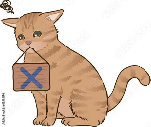 バツマークを咥える猫（茶トラ、短毛）