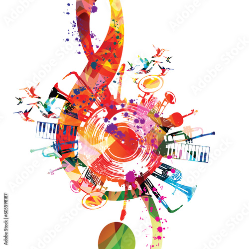 Colorful musical poster with G-clef, LP vinyl record disc and musical instruments vector illustration. Playful background for live concert events, music festivals and shows, party flyer