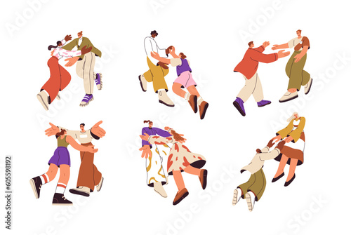 People meet  go towards each other. Happy characters glad to see  reconciling  hugging. Men  women reuniting with joy. Reconciliation concept. Flat vector illustration isolated on white background