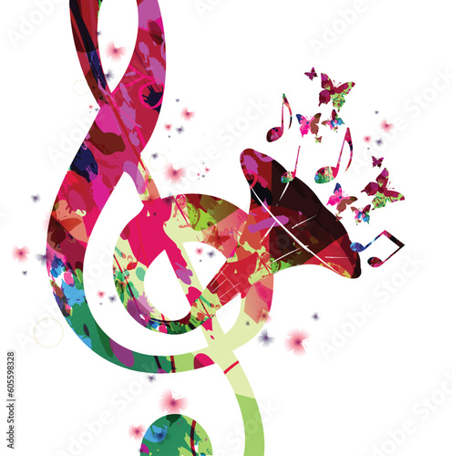 Colorful musical poster with G-clef, musical notes and phonograph horn vector illustration. Playful background for live concert events, music festivals and shows, party flyer with gramophone speaker
