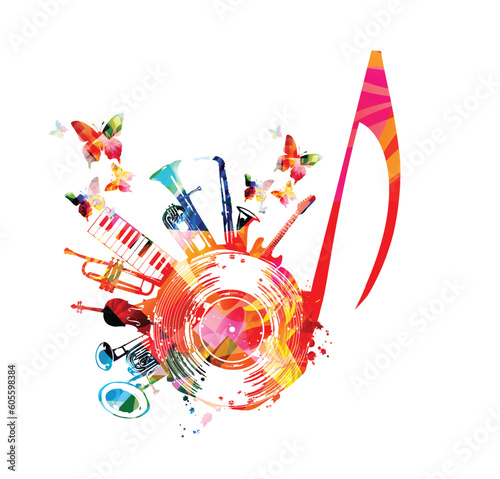 Colorful musical poster with quaver, LP vinyl record disc and musical instruments vector illustration. Playful background for live concert events, music festivals and shows, party flyer