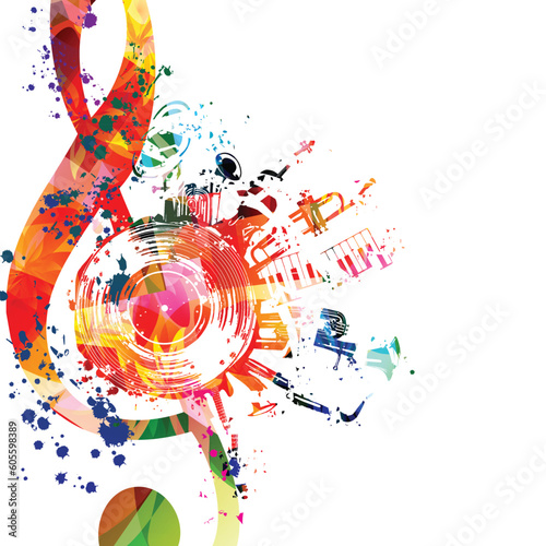 Colorful musical poster with G-clef, LP vinyl record disc and musical instruments vector illustration. Playful background for live concert events, music festivals and shows, party flyer