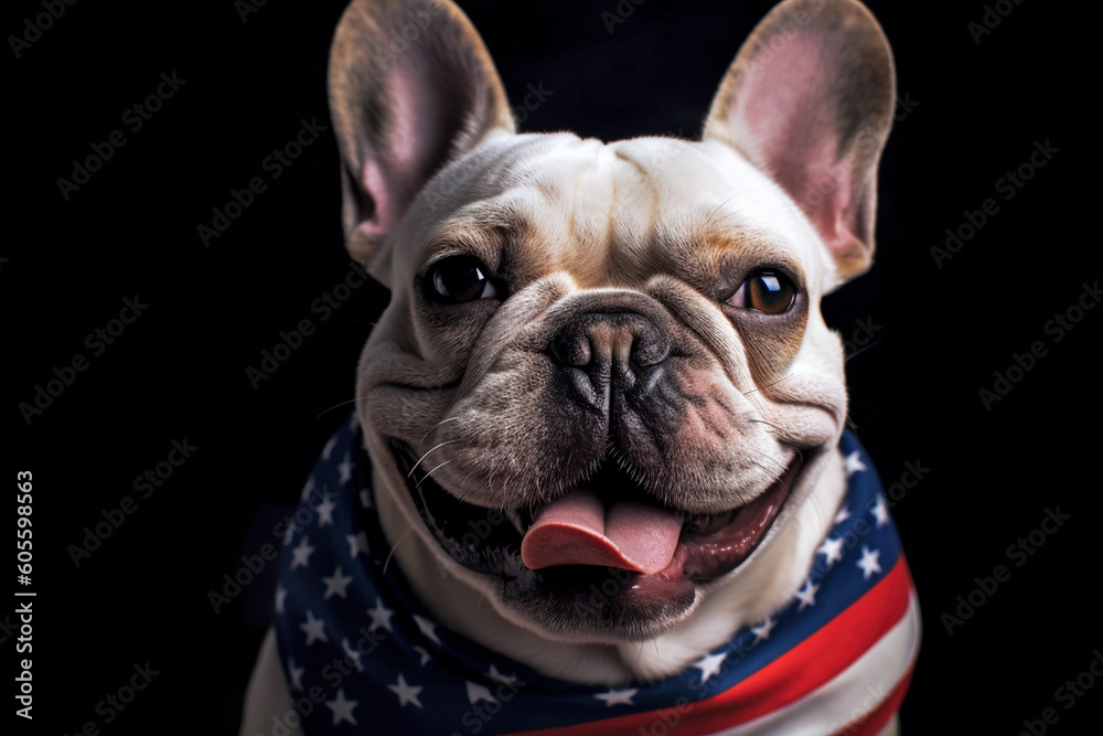 French Bulldog dog with American flag neckerchief on black background. Generative AI illustration