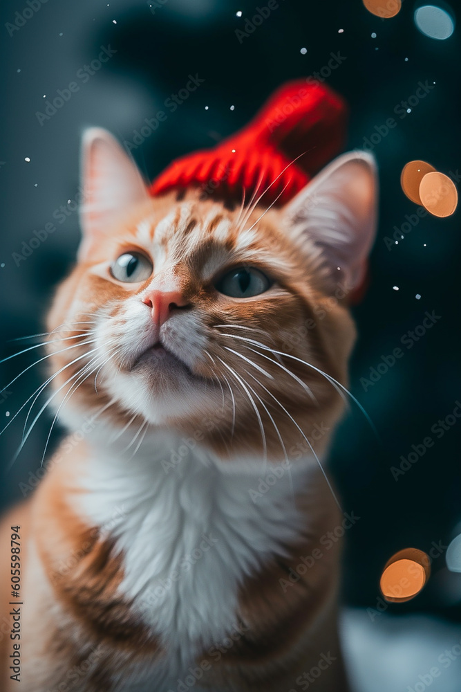 a red cat in a Santa hat rejoices in the snow, Christmas. Vertical photo. AI generated