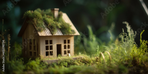Small wooden house in nature. Eco housing concept. Generative AI illustration