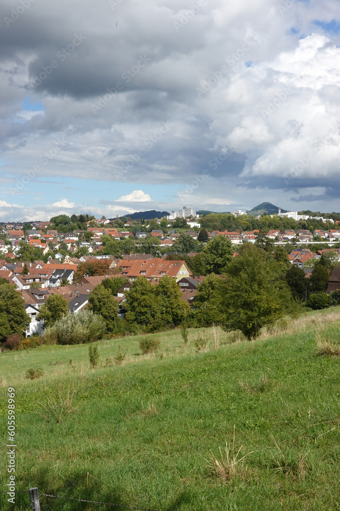 Countryside landscape in Goeppingen, Baden-Wurttemberg, Germany. The view to Hohenstaufen mountain from the Filseck castle