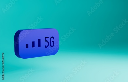 Blue 5G new wireless internet wifi connection icon isolated on blue background. Global network high speed connection data rate technology. Minimalism concept. 3D render illustration