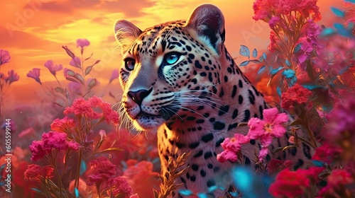 Leopard in field of wild flowers. Generative AI