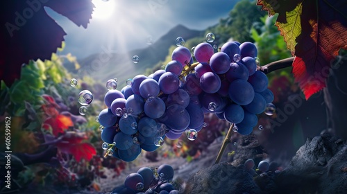 Grapes fresh fruit in the landscape background. Generative AI