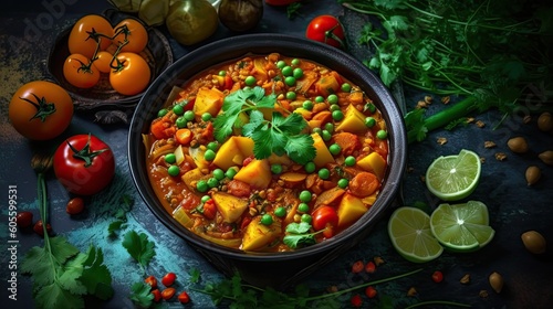 Lentil and vegetable curry vegetarian meal on dark background. Generative AI