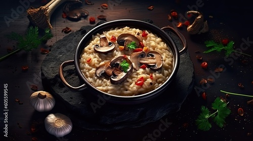 Mushroom risotto vegetarian meal on dark background. Generative AI