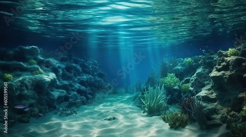 Underwater blue ocean background. Deep underwater sea scene. Generative AI
