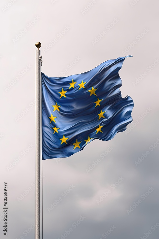 Flag of Europe waving in the wind on flagpole. Generative AI