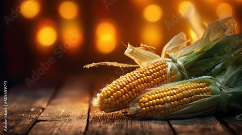 Sweet Corn fresh organic vegetable on rustic wooden background. Generative AI