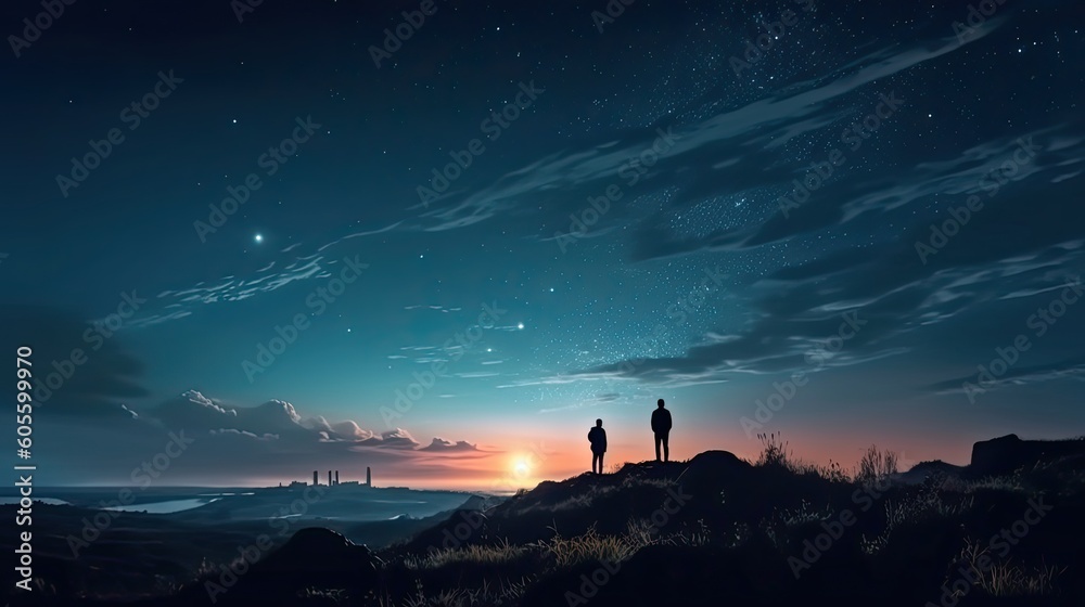 Silhouette of two hikers were standing at the top of the mountain looking at the stars over the twilight sky. Generative AI