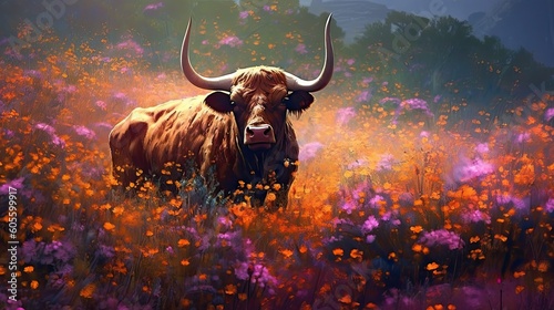 Bull in field of wild flowers. Generative AI