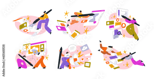 Digital content, marketing idea concept. Creating designs, messages, announcements online. Creative work in internet. Creativity and technology. Flat vector illustrations isolated on white background