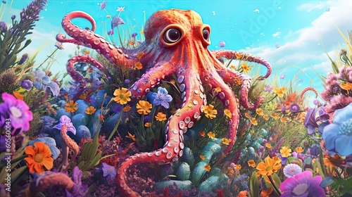 Octopus in field of wild flowers. Generative AI