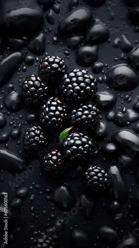 Blackberry fresh organic fruit on stone surface background. Generative AI © tanyastock