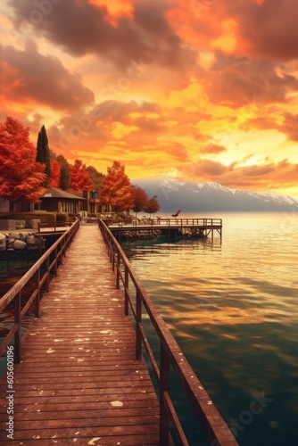 Bright sunset over lake Geneva, golden clouds reflect in the water at twilight time. Generative AI