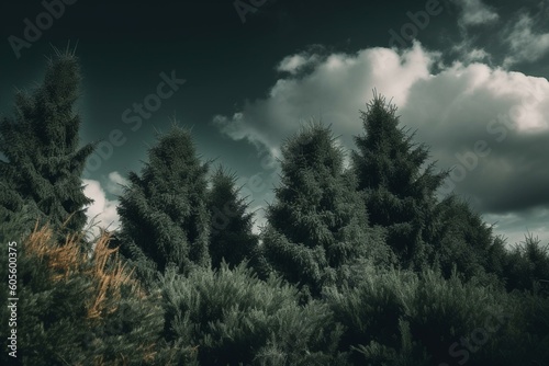 Dark evergreen trees against a lush green sky. Generative AI
