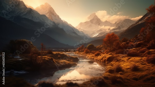 Beautiful Golden Hour Of A Mountain With River Landscape Wallpaper Generative AI © Fauzan